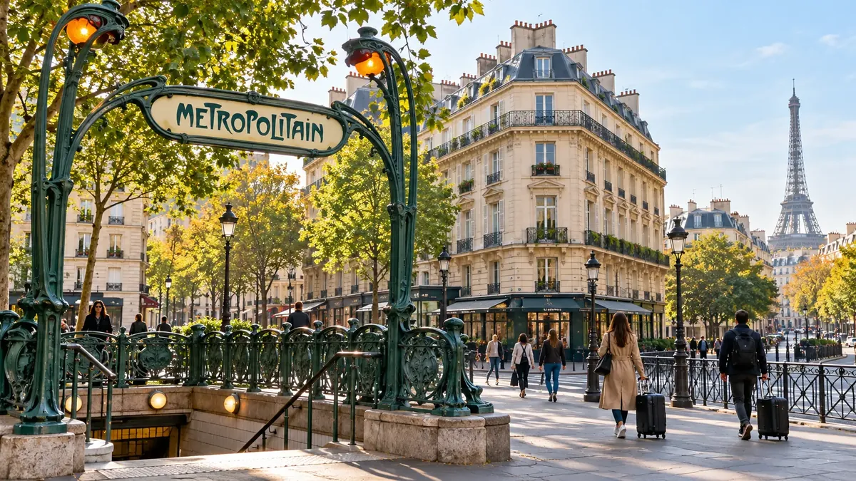 Paris’te Métropolitain tabelalı metro girişi ve ağaçlı sokak